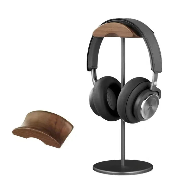 Black Walnut Wood and Aluminium Headphone Stand — Solid Metal Base Desk Headset Holder