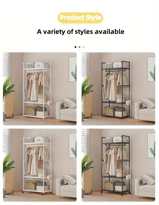 Clothing Storage Rack with Wheels, Hooks & Shelves — Freestanding Metal Organiser