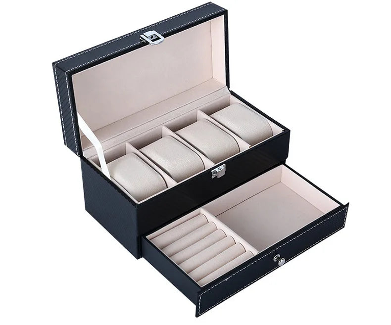 4‑Position Double‑Layer PU Leather Jewellery & Watch Storage Box