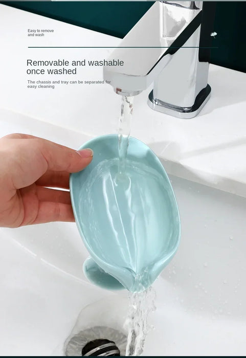 Leaf-Shaped Drain Soap Holder with Suction Cup – Grey Soap Box & Drying Rack (1pc)