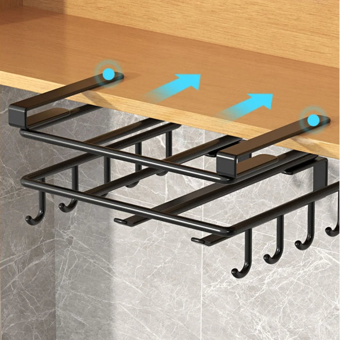 Under-Cabinet Kitchen Organiser Rack with Hooks — Holds Paper Towels, Cutting Boards & Lids
