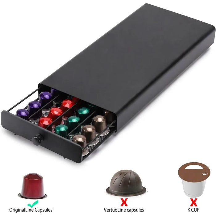 40-Capsule Metal Coffee Pod Drawer — Countertop Storage for Home & Office