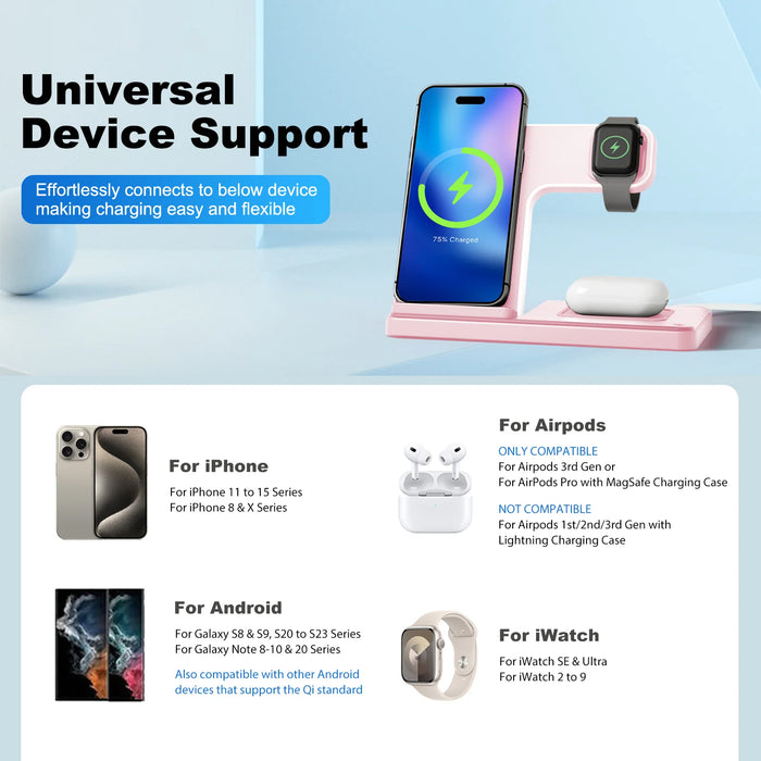 3-in-1 Magnetic Wireless Charger Stand — 15W Fast Charging Dock for iPhone 15/14/13, Apple Watch & AirPods