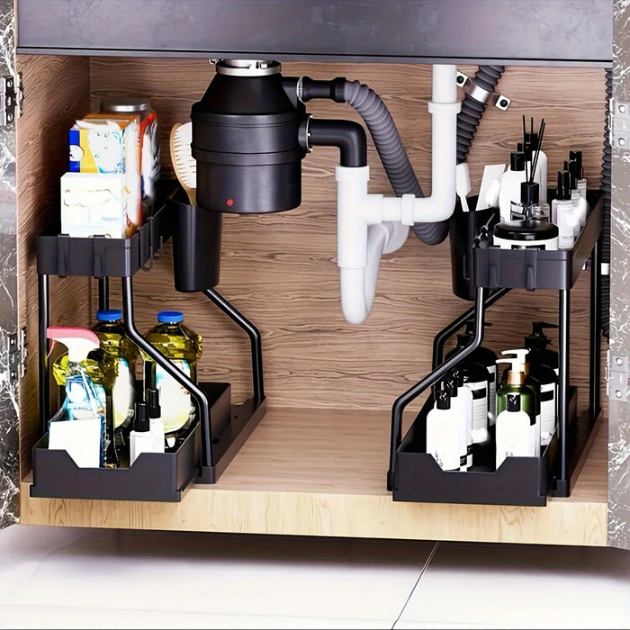 2-Tier Pull-Out Drawer Organiser — Foldable Plastic Storage for Kitchen & Bathroom
