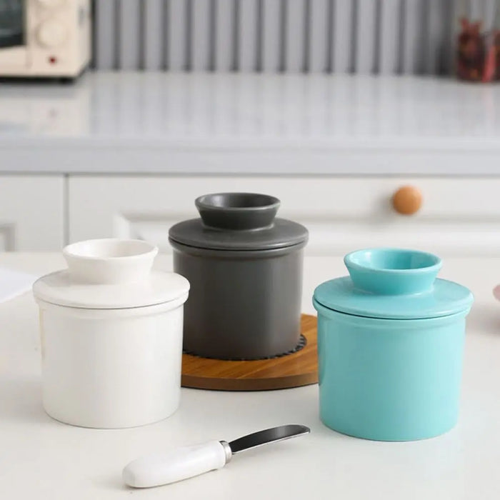 Ceramic Butter Cup with Lid — 350ml Sealed Butter Storage, Blue/Pink/White/Grey