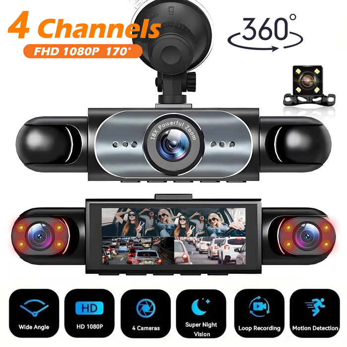 4‑Channel Dash Cam with 170° Front Lens, Night Vision & 24/7 Parking Monitor