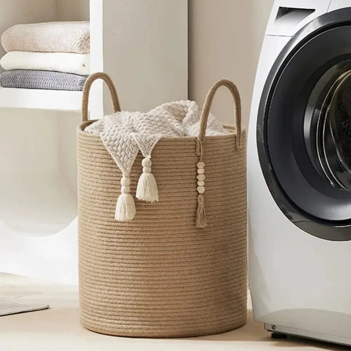 Large Tall Foldable Woven Storage Basket — Cotton-Rope Laundry Hamper