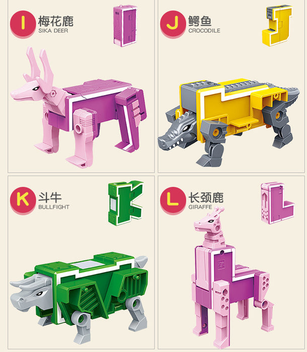 GUDI 26-piece A–Z Transforming Alphabet Robot & Dinosaur Building Block Toys