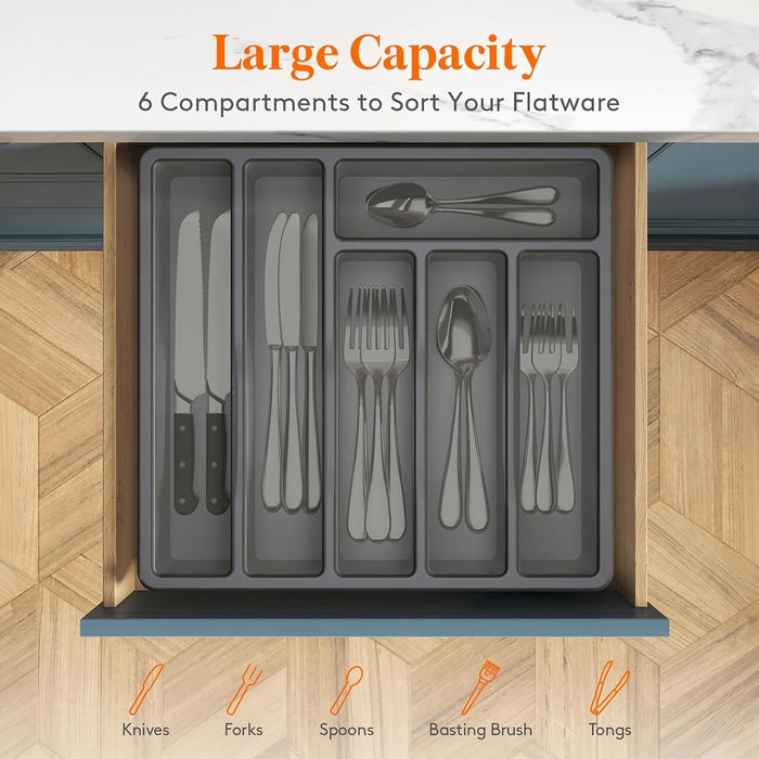 Covered Cutlery Organiser — 6-Compartment Silverware Tray with Washable Lid (PP)