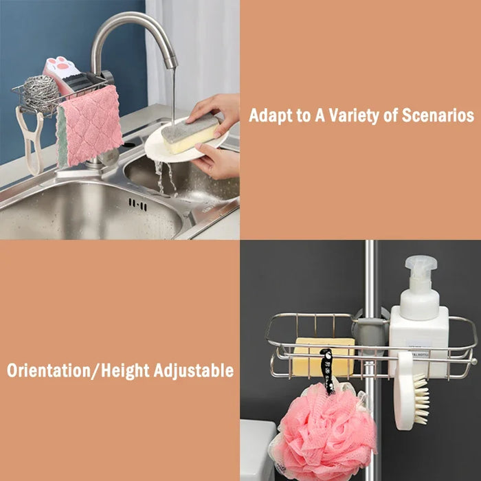 Stainless Steel Under-Tap Sponge Holder — Adjustable Kitchen & Bathroom Rack