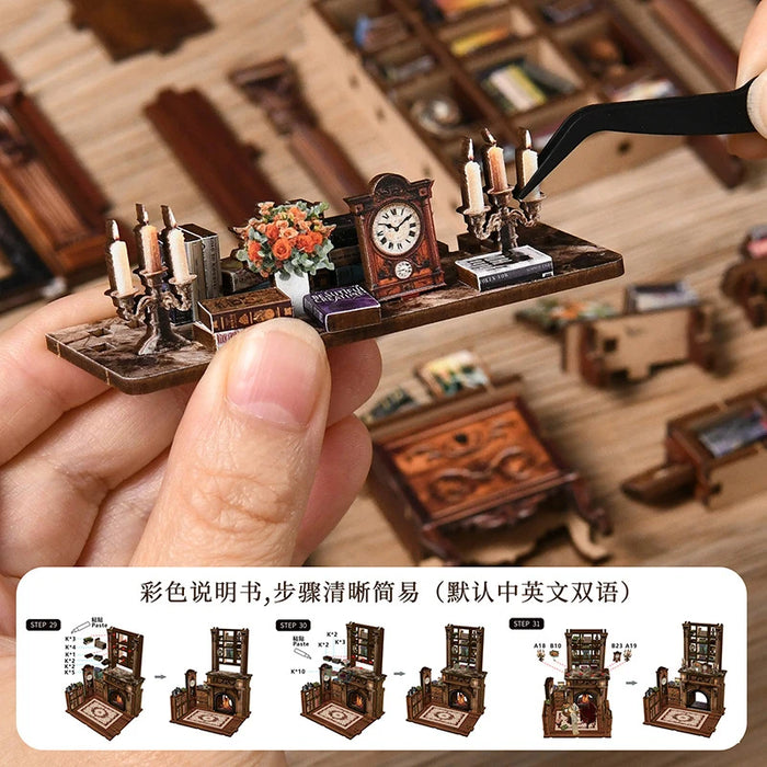 Twilight Library DIY Wooden Bookend Miniature Cottage with Touch LED