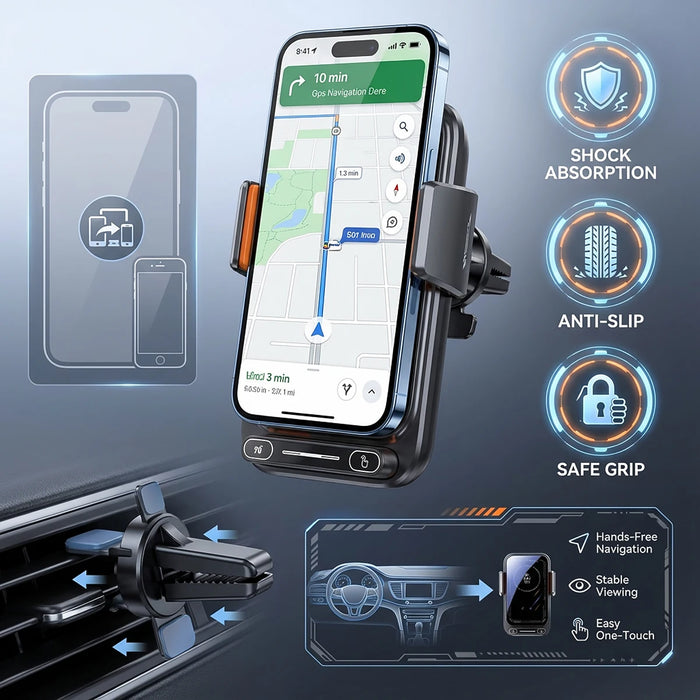 15W Car Phone Charger & Holder — Auto‑Sensing Vent Mount with One‑Touch Release