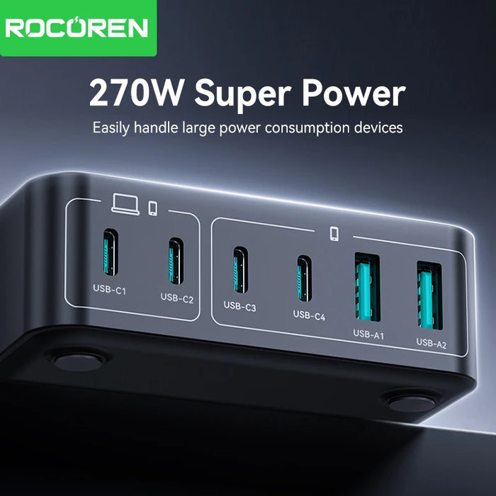 200W GaN 6-in-1 Desktop USB-C PD Charger — 4× USB-C, 2× USB-A