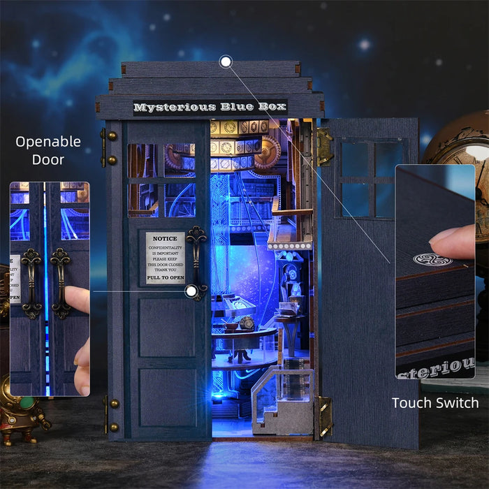 DIY Wooden Book Nook Kit — Blue Telephone Booth Miniature Bookshelf