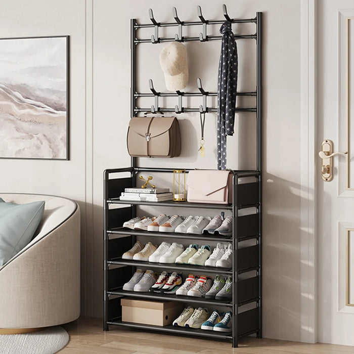 5-Tier Metal Shoe Rack with 8 Hooks — Coat, Hat & Bag Organiser