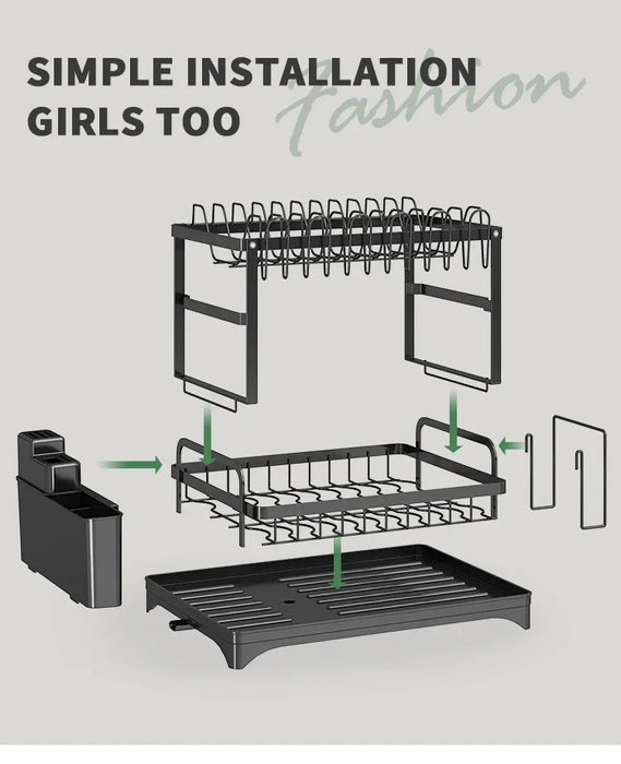 Stainless Steel 2-Tier Dish Rack — Fast-Drying & Stain-Free, Heavy-Duty Carbon Steel Frame