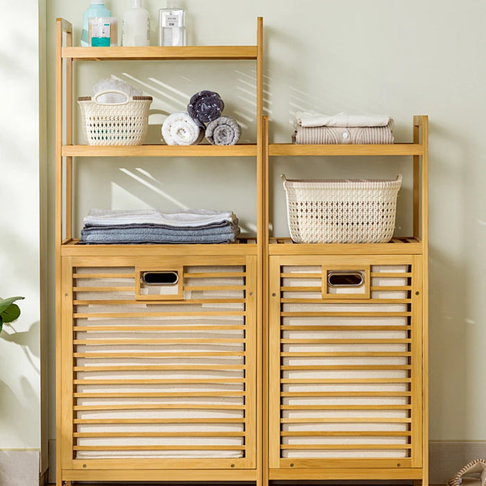 Adjustable Bamboo Laundry Hamper & Bathroom Rack with Pull-Out Shelves