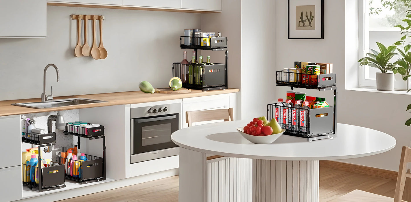 2-Tier Under-Sink Pull-Out Organiser — Adjustable Height Thickened Metal Sliding Drawers (Black or White)