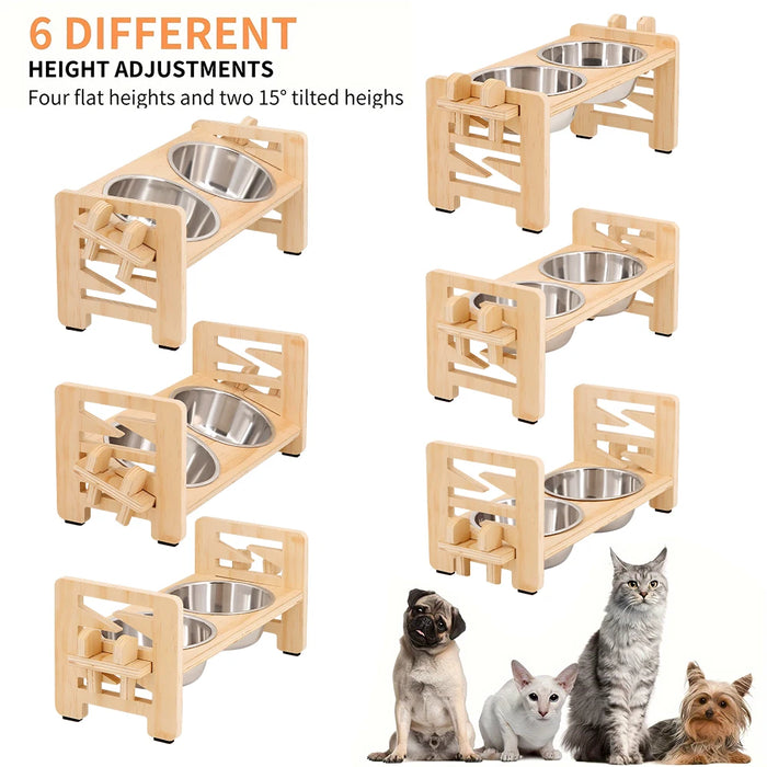 Adjustable Wooden Raised Pet Bowl Stand with 2 Stainless Steel Bowls for Small Dogs & Cats