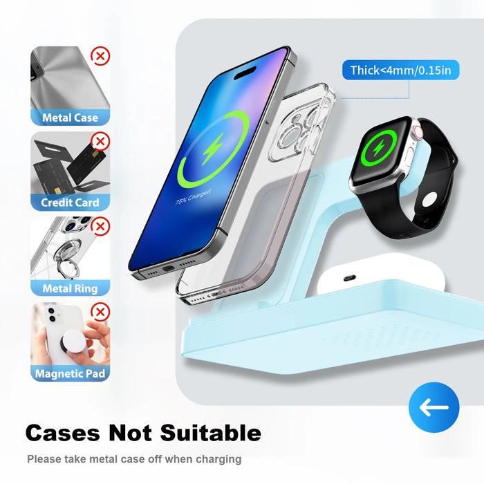 3-in-1 Magnetic Wireless Charger Stand — 15W Fast Charging Dock for iPhone 15/14/13, Apple Watch & AirPods