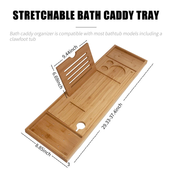 Bamboo Bathtub Caddy Tray – Extendable Spa Tray with Book, Wine and Tablet Holder