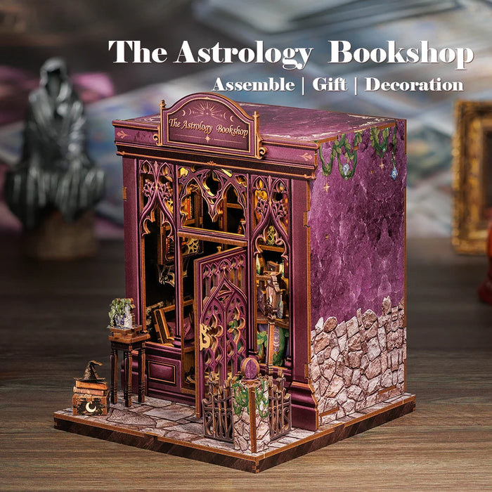 Wooden Book Nook Miniature DIY Kit — Astrology Bookshop Bookshelf Insert (150 pieces)