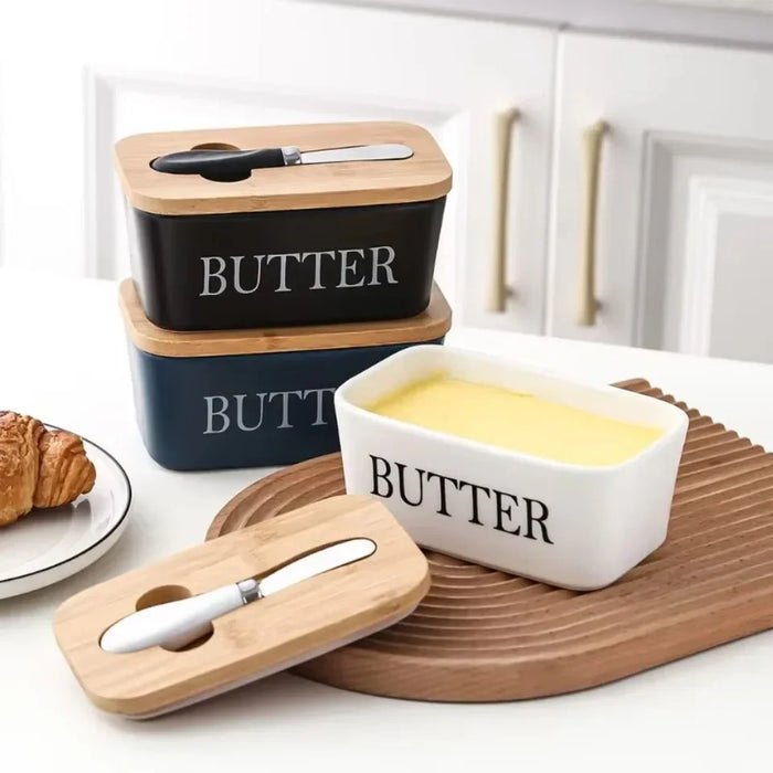 Ceramic Butter & Cheese Storage Box with Bamboo Lid and Knife — 14.8×8.5×6cm