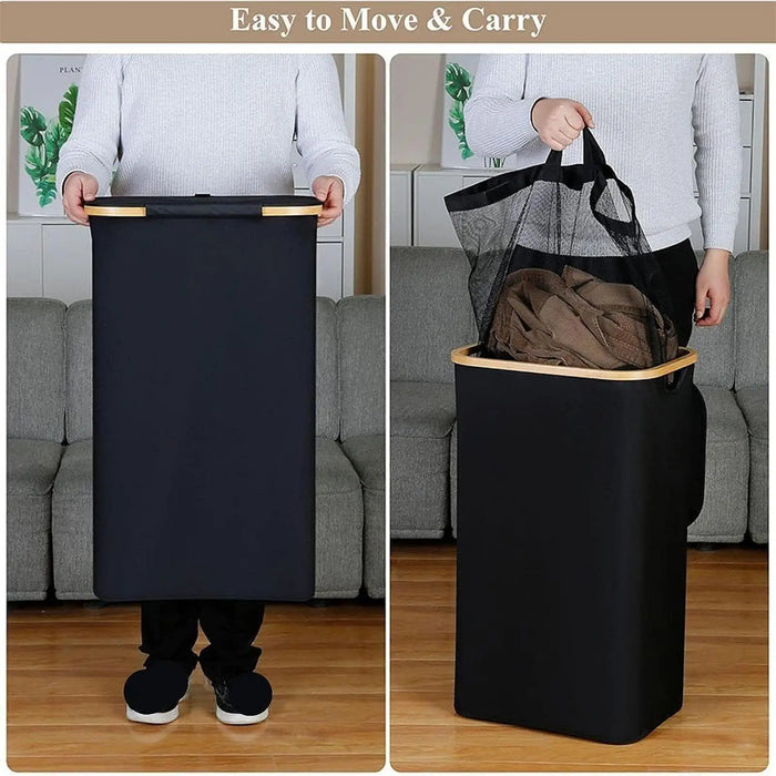 Foldable 2-Section Laundry Hamper with Lid — Bamboo Handles & Removable Bag
