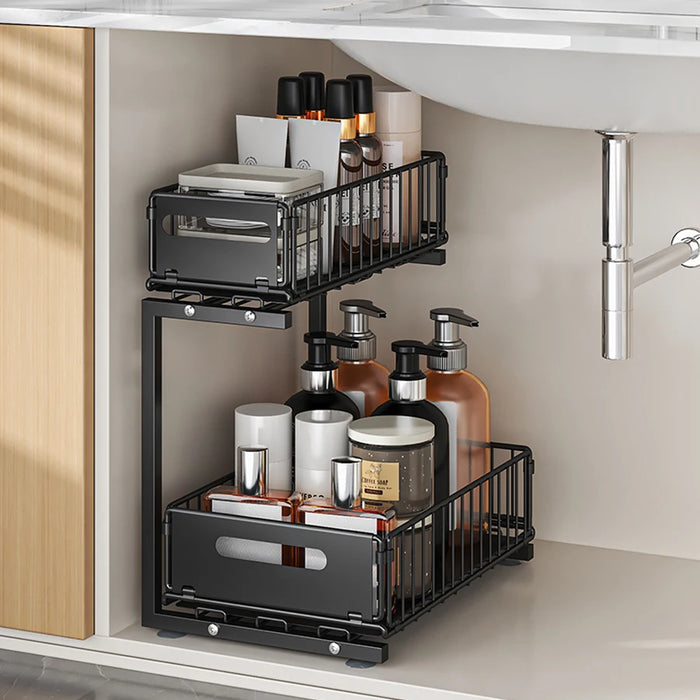 Pull-Out Under-Sink Organiser, 2-Tier Adjustable Sliding Shelf, Black & White