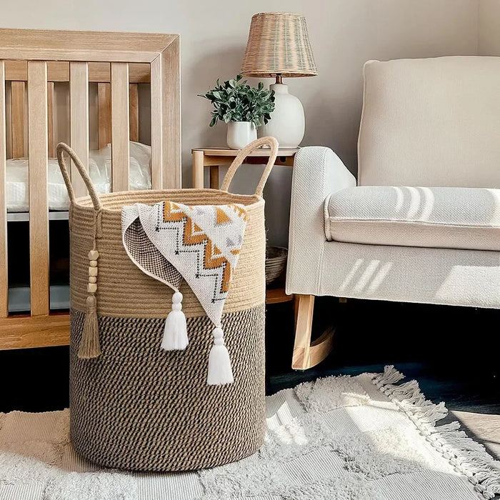 Large Tall Foldable Woven Storage Basket — Cotton-Rope Laundry Hamper