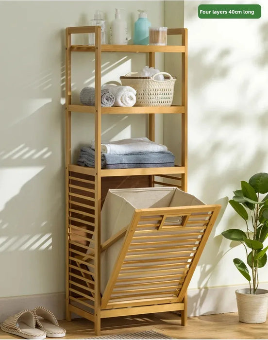 Adjustable Bamboo Laundry Hamper & Bathroom Rack with Pull-Out Shelves