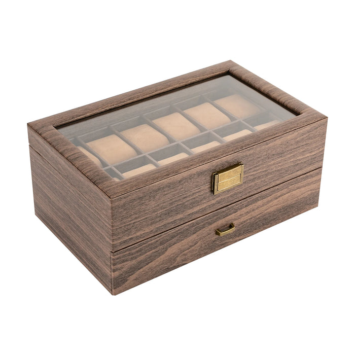 24-Slot Watch Box — Brown PU & Wood Display Case with Glass Lid