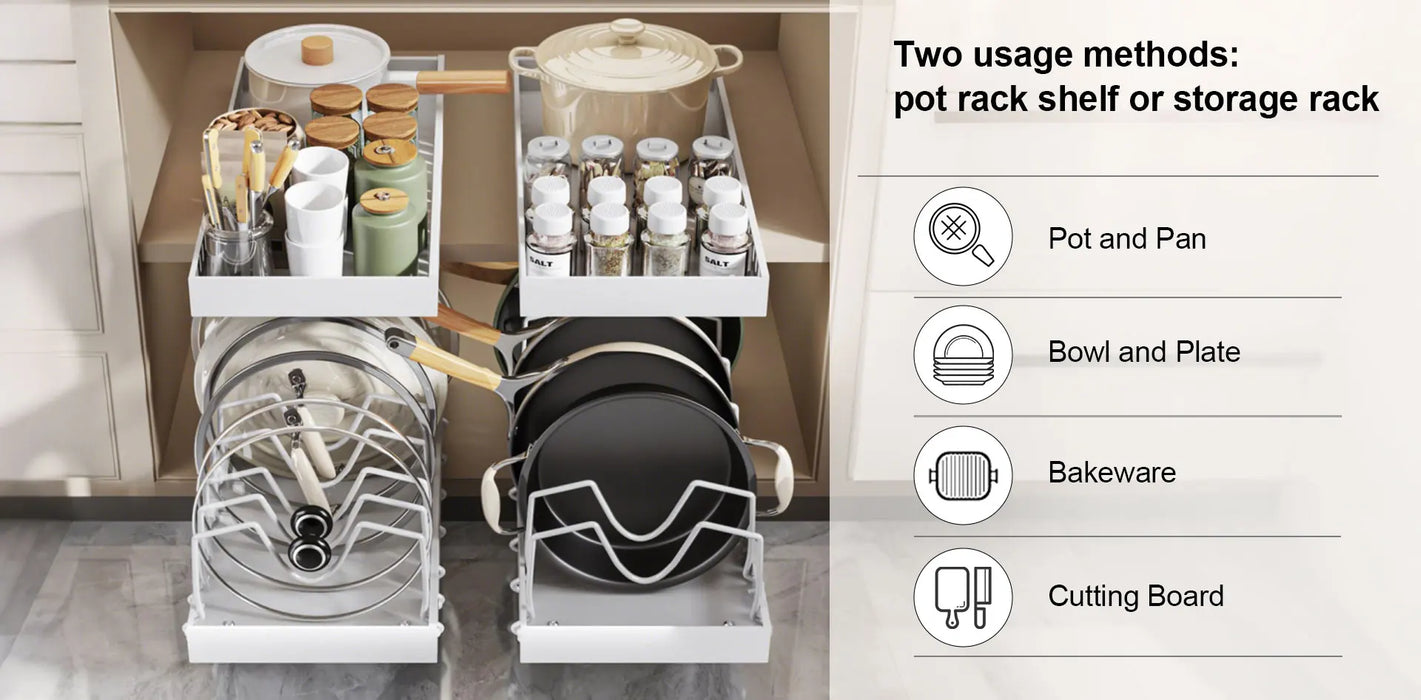 Pull-Out Pots & Pans Organiser — Sliding Lid Holder & 8-Compartment Kitchen Rack (White/Black)