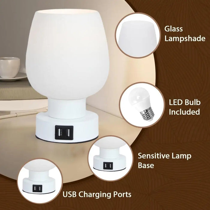 Moderne berøringskontroll LED skrivebordslampe - dimbar, flimmerfri, hvit glasskjerm nattlys - perfekt for enkel belysning ved sengen