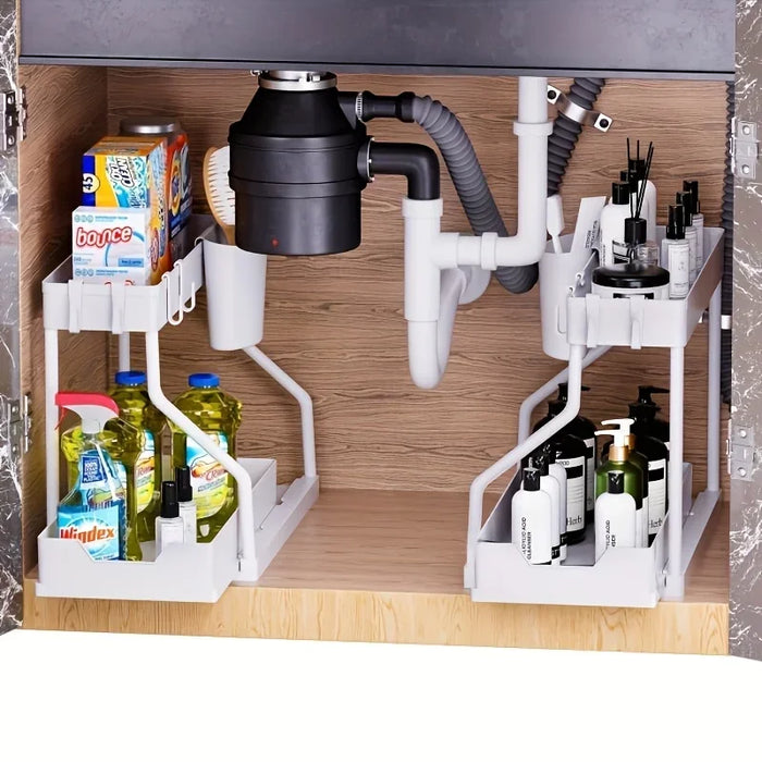 2-Tier Pull-Out Drawer Organiser — Foldable Plastic Storage for Kitchen & Bathroom