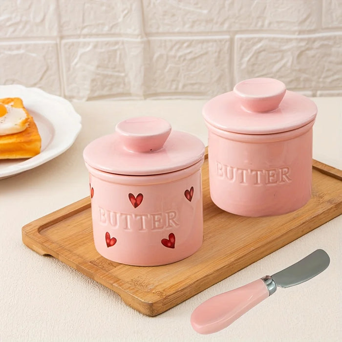 1-piece Pink Ceramic Butter Crock with Lid and Knife – French-style Porcelain Butter Dish