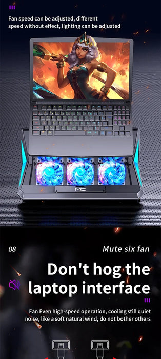 Q3 Six-Fan Adjustable Laptop Cooler — Silent Air-Cooled Stand for 10–17-inch Laptops