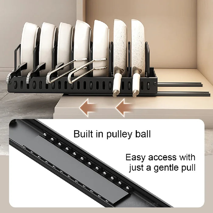 Under-Cabinet Pull-Out Pots & Pans Organiser — Sliding Tray with 8 Adjustable Dividers
