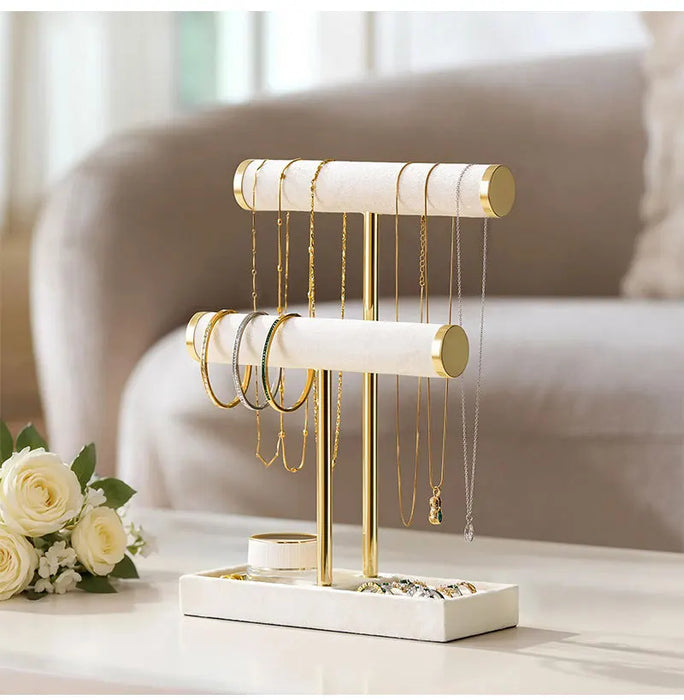 Two-Level T-Style Bangle Stand – Wooden, Velvet-Lined Jewellery Display (Black, Beige)