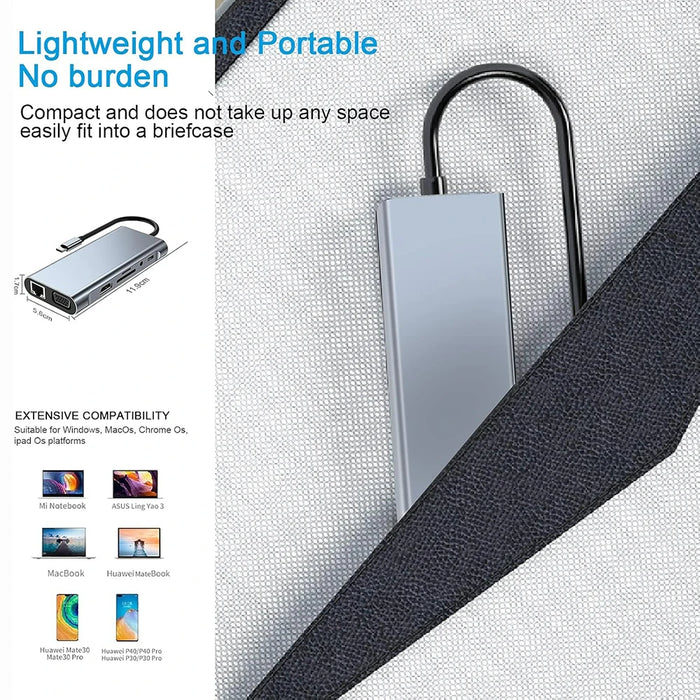 11-in-1 USB-C / Thunderbolt 3 Hub Docking Station with 4K HDMI, VGA, 100Mbps Ethernet, PD 100W, SD/TF, Audio