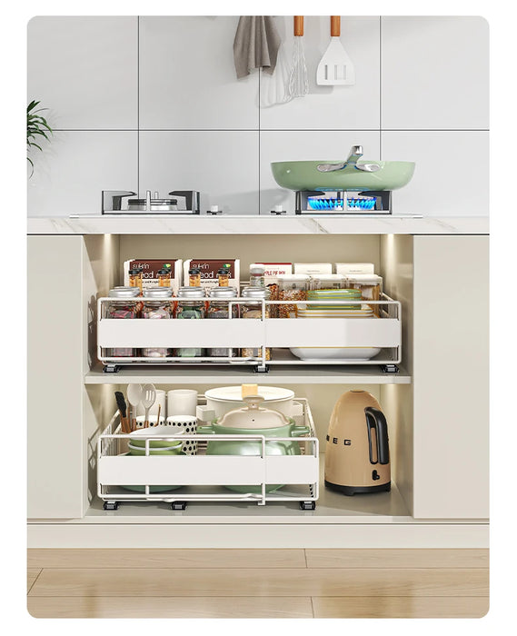 Retractable Pull-Out Metal Drawer Rack — Punch-Free Under-Sink Storage (Small/Large, White/Black)