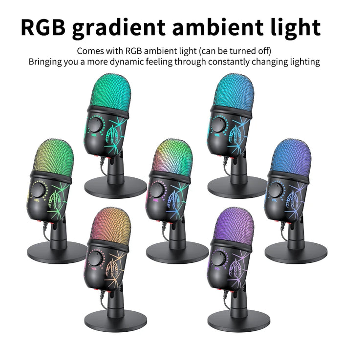 USB Gaming Condenser Microphone with Headphone Jack, LED & Noise Reduction