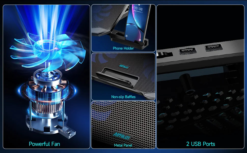 Laptop Cooling Pad 12–17 inch — 5 Quiet Fans, Adjustable Angles & Phone Holder