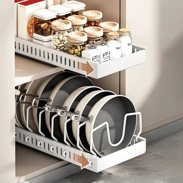 Pull-Out Pots & Pans Organiser — Sliding Lid Holder & 8-Compartment Kitchen Rack (White/Black)