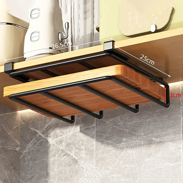 Under‑Cupboard Hanging Kitchen Rack with Hooks for Cutting Boards, Paper Towels & Lids