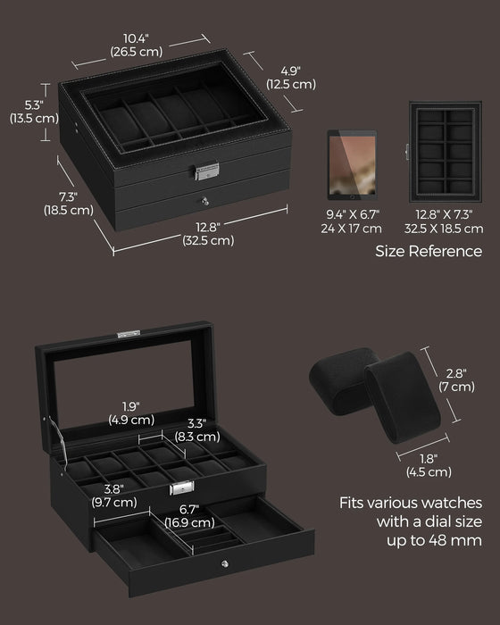 2-Tier Watch Box with Glass Lid — Holds 12 Watches, Lockable Drawer