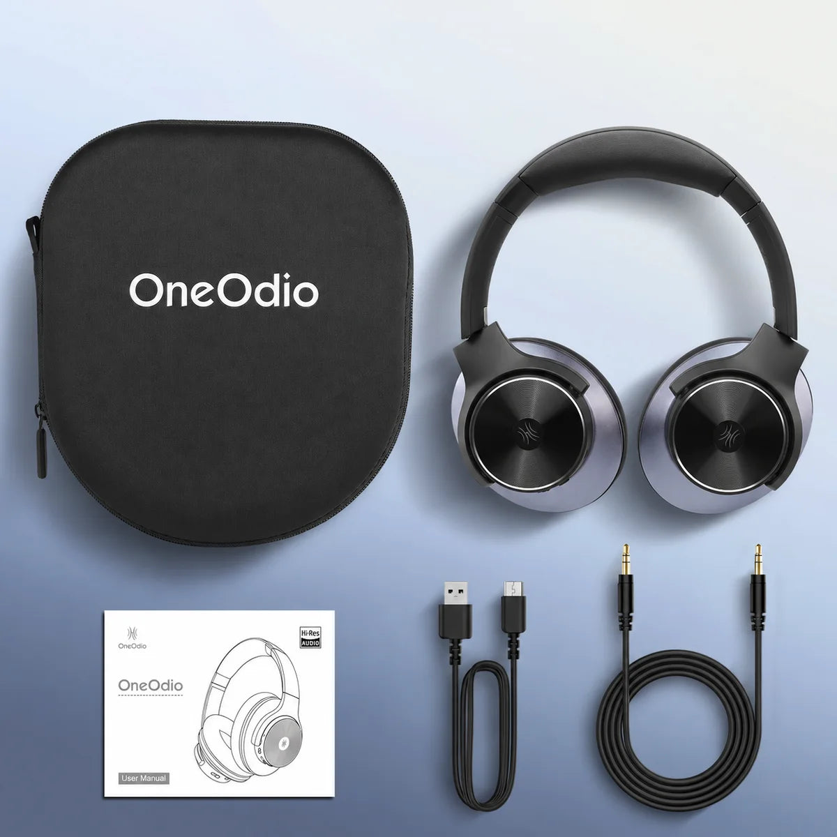 Původní příslušenství: sluchátka, přepravní pouzdro OneOdio EVA, kabel USB-C, kabel 3,5 mm a uživatelská příručka