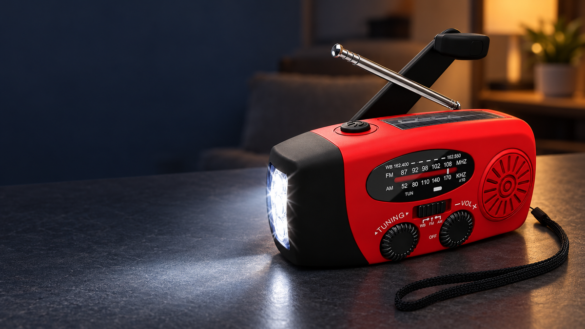 Rotes Solar- und Kurbel-Notfallradio auf einer dunklen Tischplatte