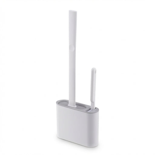 Wall-hanging Toilet Brush & Holder — Long Handle, Silicone Bristles (Grey or Blue)