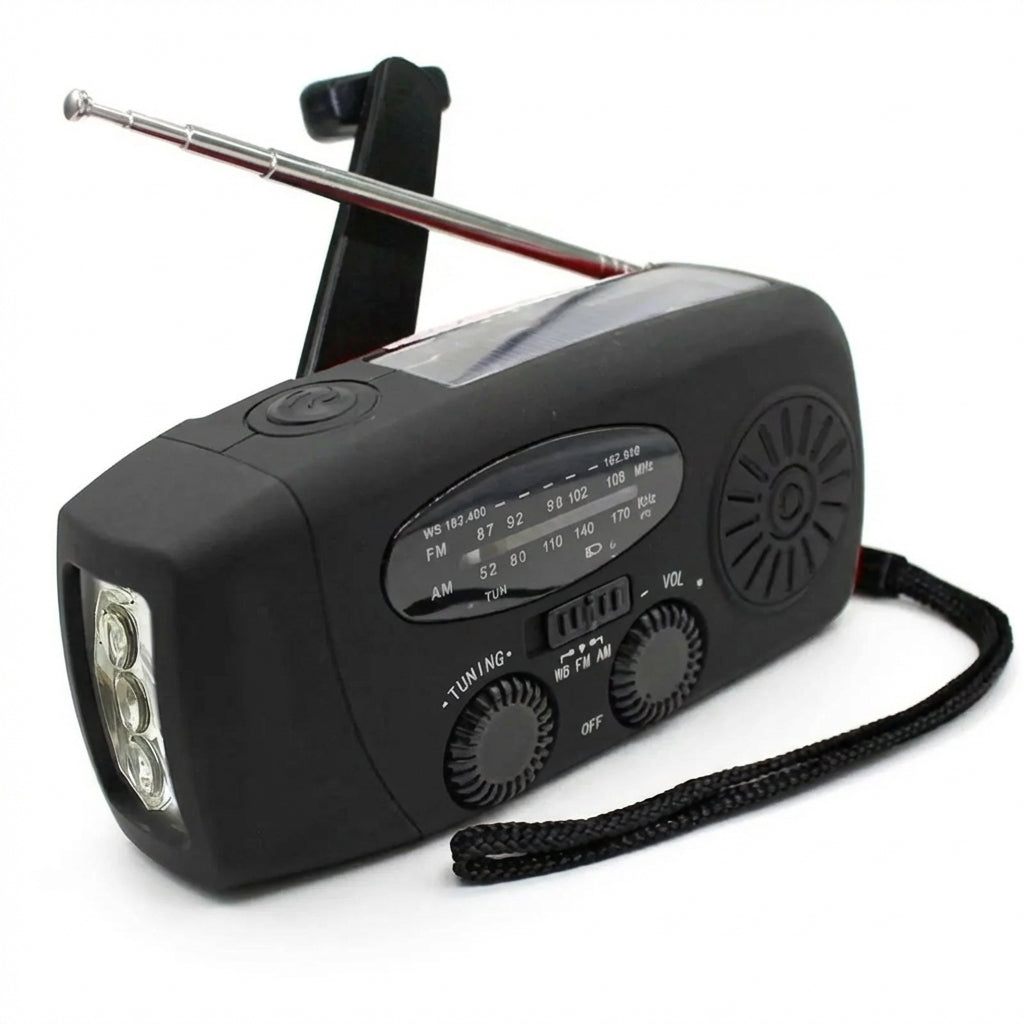 Solar Hand-Crank Emergency Radio with LED Torch — 2000mAh, USB Charging